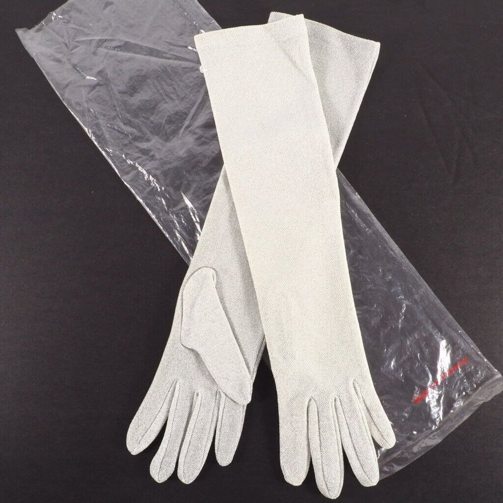 Vintage Womens Opera Gloves Size M Metalic Silver NOS 15 Inch Long Hello 80s